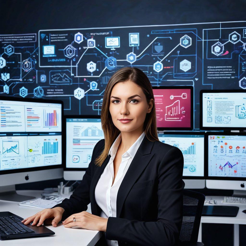 A sleek, modern workspace with a high-tech computer setup displaying a sophisticated website design, surrounded by flowcharts and digital strategy icons. A confident businesswoman, Nadine J, steers the helm, communicating expertise and passion. Background filled with abstract digital elements symbolizing web solutions and innovation. super-realistic. vibrant colors. professional.